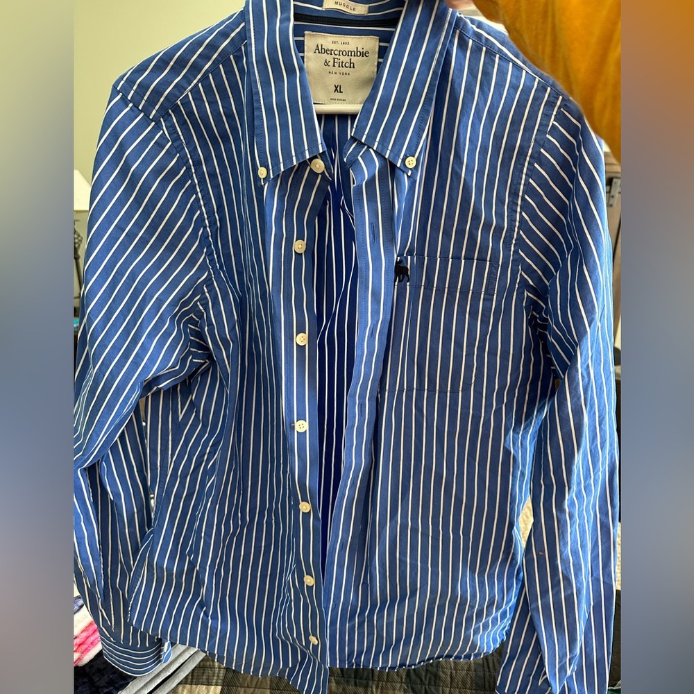 Abercrombie & Fitch Blue and White Striped Button-Down Shirt XL